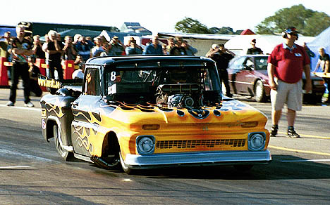 Fast Freddy's European Top Doorslammer Pickup Truck is a handful. Photo by Hasse Karlsson