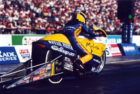 Angelle Savoie won Maple Grove on her way to the 2002 NHRA Pro Stock Bike crown. Photo by Rich Barry