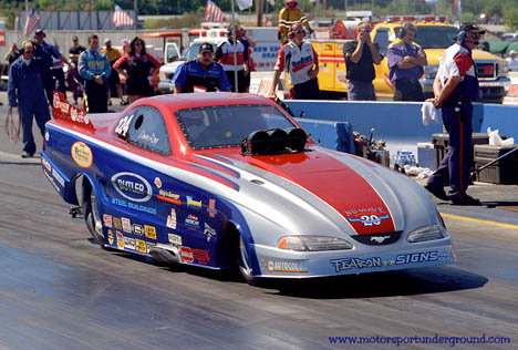 Dave Ray campaigns this tough Ford Mustang alky funny car, but never misses one of his daughter's Junior Dragster events! Photo by James Morgan