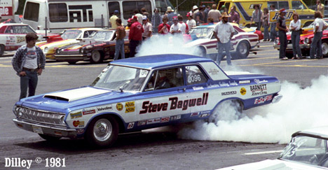 Steve Bagwell's big Mopar Super Stock smokes the tires in 1981. Photo by Ron Dilley