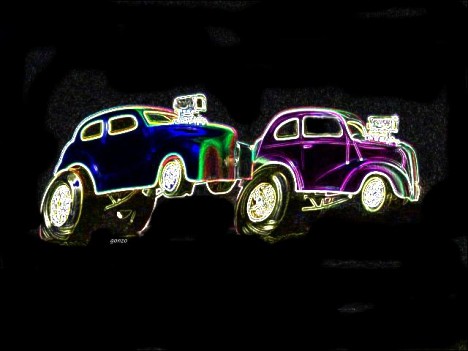 Austin vs. Anglia in Neon. Photo art by Gonzo