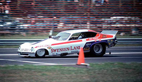 Jake Crimmins flys through the E-Town top end in the Swensen & Lani fuel Vega. Photo by Peter Kumble