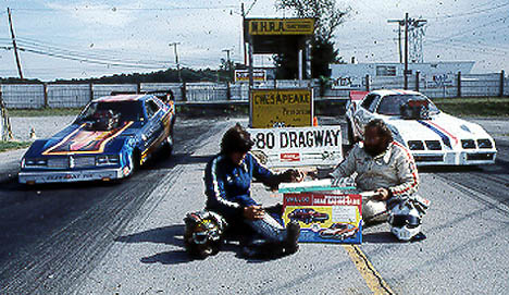 John Speelman and John Paris are settling their funny car match with the Vallco Drag Racing game. Photo from the Drag Racing Memories Collection