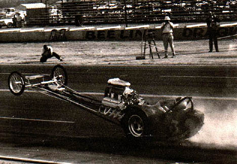 Tom McEwen heads for the sky in the Yeakel Plymouth Top Fueler at Beeline 1965. Photo by Paul Hutchins