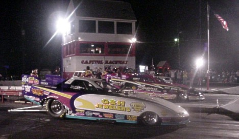 Billy Gibson set both track records en route to dominating Capitol Raceway's Funny Car show, 6-24-00. Tim Pratt photo.
