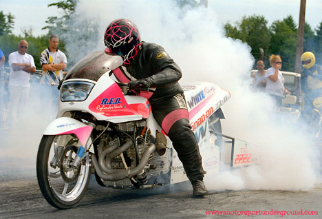 The White Racing Top Bike warms up the Goodyear before blasting down the quarter. Photo by James Morgan