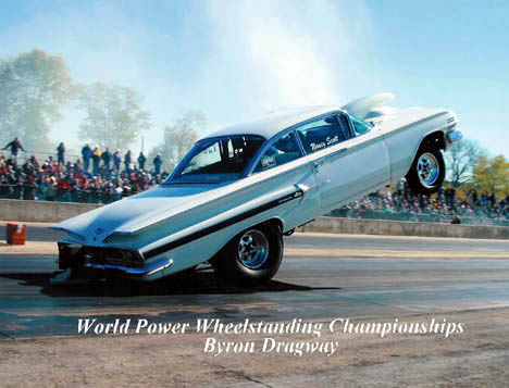 Steve Scott puts 4000 pounds of '60 Chevy into the air at Byron. Photo by Pete Ores