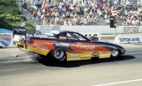 Ken Kraus set the alky funny car ranks on fire at Spokane. Photo by Nolan Hibbard