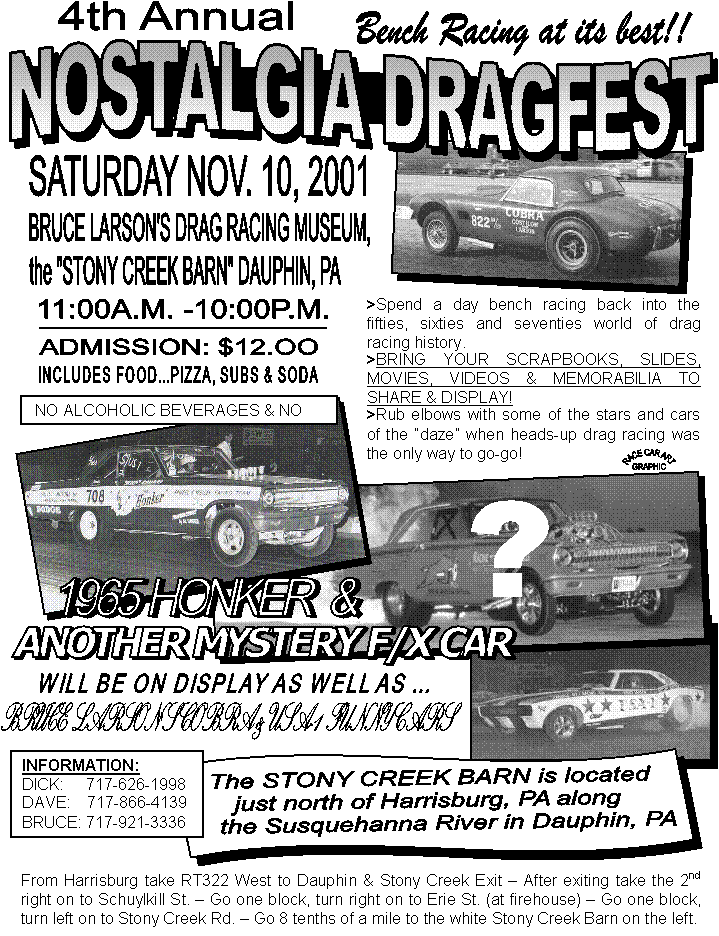 4th Annual,SATURDAY NOV. 10, 2001,NOSTALGIA DRAGFEST,Bench Racing at its best!!,BRUCE LARSON'S DRAG RACING MUSEUM, 
the "STONY CREEK BARN" DAUPHIN, PA,11:00A.M. -10:00P.M.,ADMISSION: $12.OO,INCLUDES FOOD...PIZZA, SUBS & SODA, 1965 HONKER  &,ANOTHER MYSTERY F/X CAR, WILL BE ON DISPLAY AS WELL AS ...,The STONY CREEK BARN is located
   just north of Harrisburg, PA along
 the Susquehanna River in Dauphin, PA ,BRUCE LARSON'S COBRA & USA-1 FUNNY CARS,RACE CAR ART
GRAPHIC,?